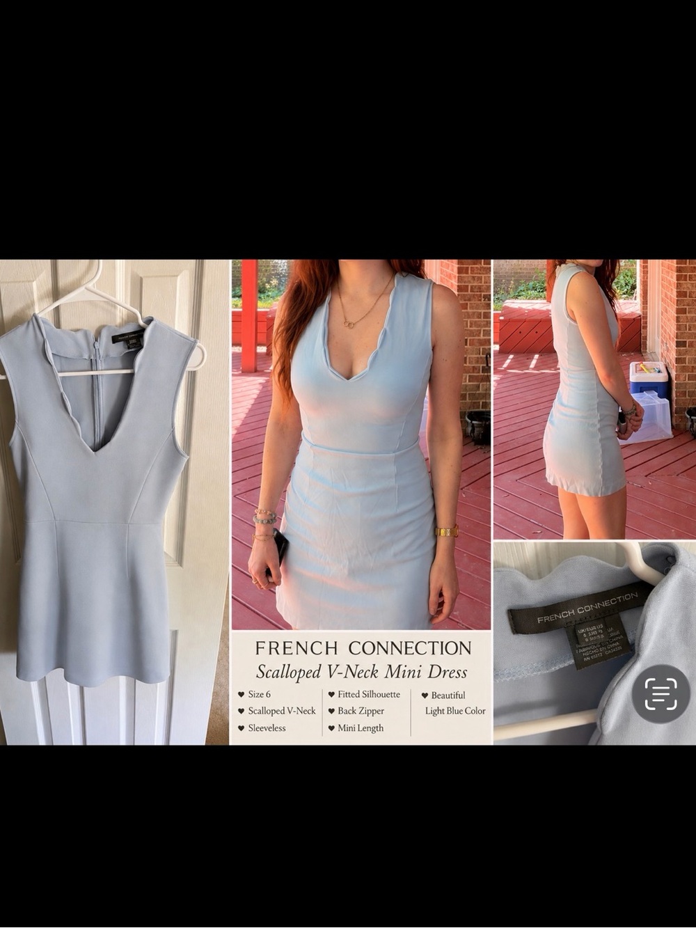 French Connection Pale Blue Scalloped V-Neck Mini Dress